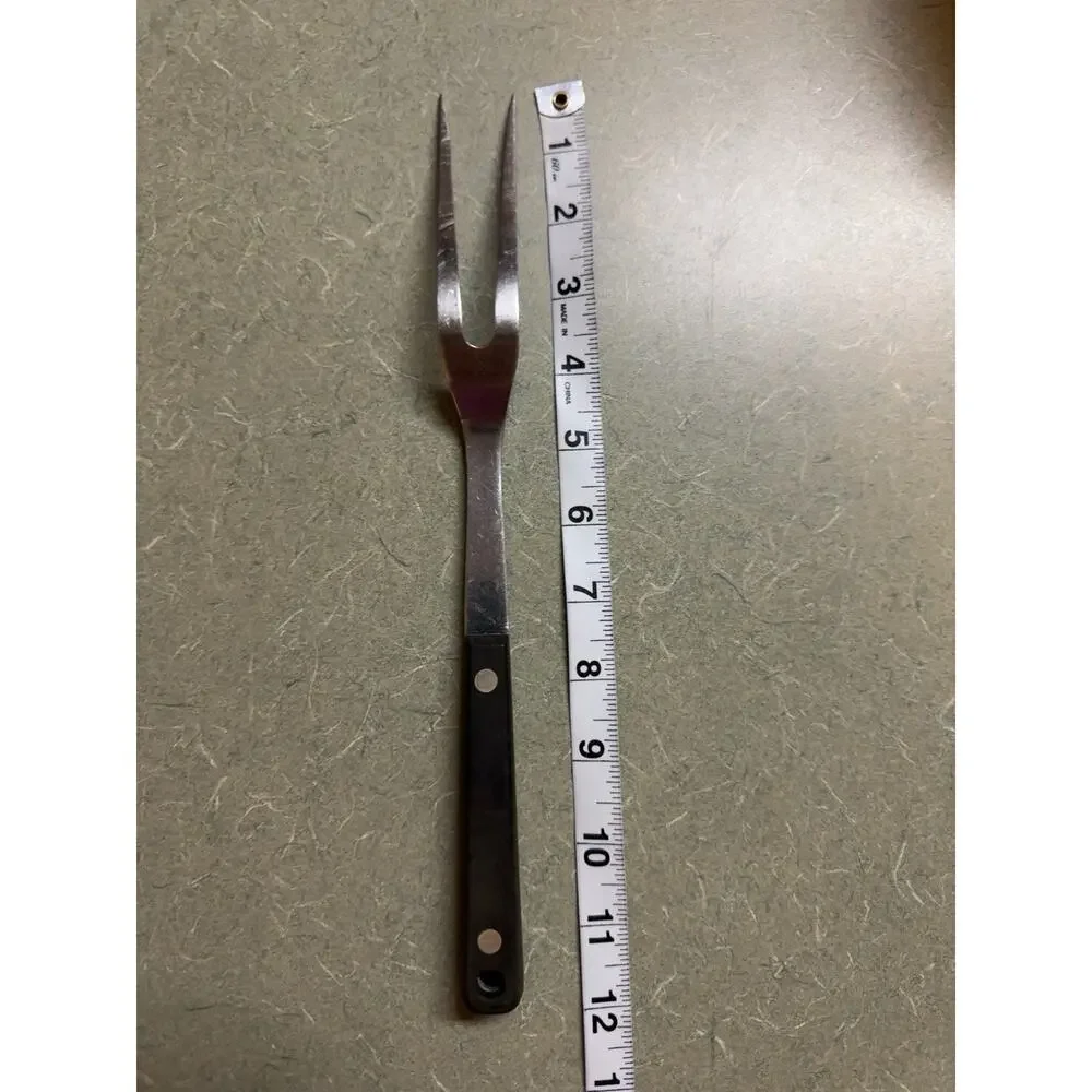 Flint Stainless Steel Carving Meat Fork Black Handle USA Vintage 11.5 Inch
